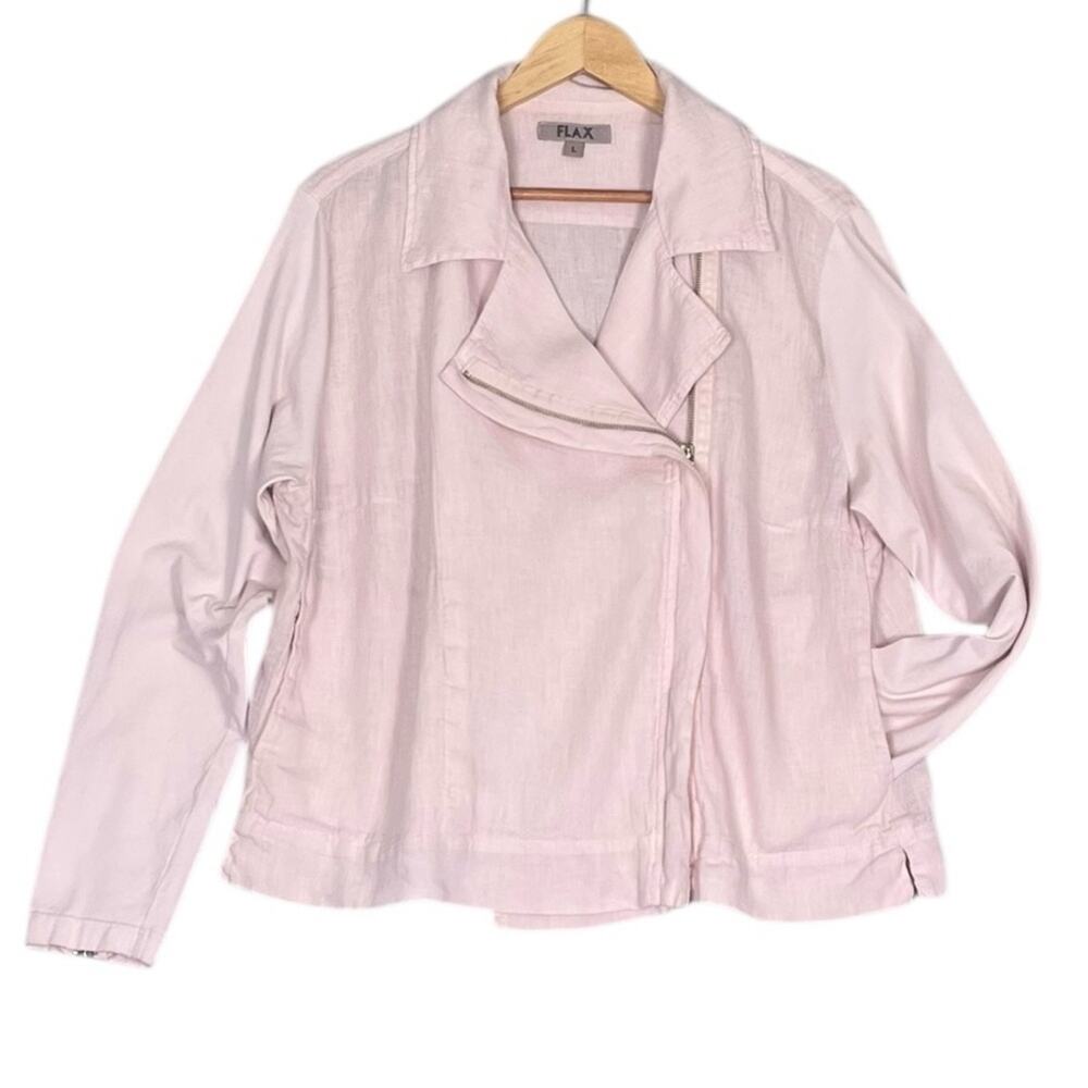 Flax Linen Jacket Size Large Pale Pink Asymmetric Moto Relaxed Coastal Vacation